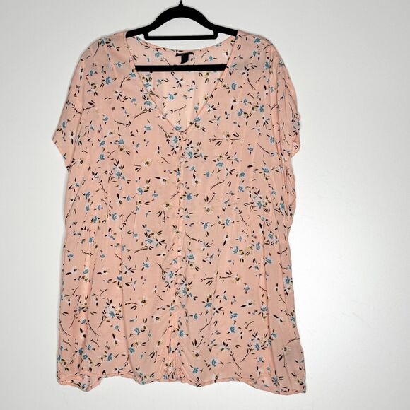 Torrid Floral Challis Button Fit Flare Blouse Peach Women's Plus Size 1X - Picture 8 of 8